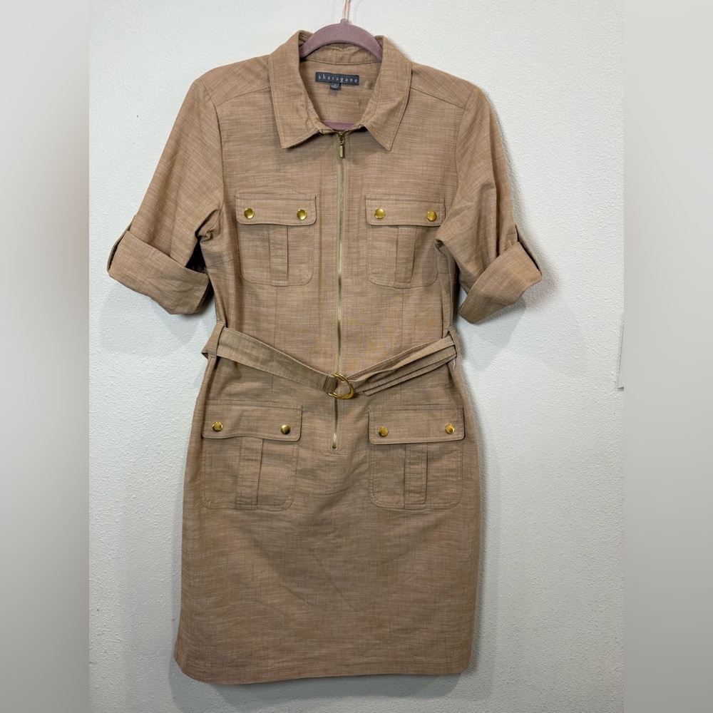 Sharagano Safari Shirt Dress Tan Utility Belted Gold Button Zip Front Size 10 - Picture 2 of 9